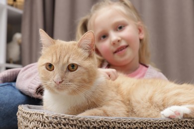 Photo of Little girl with her cute ginger cat at home, selective focus