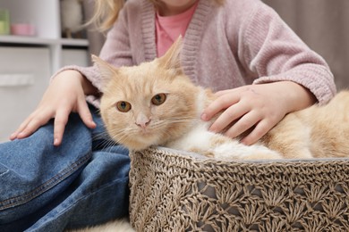 Photo of Little girl with her cute ginger cat at home, closeup