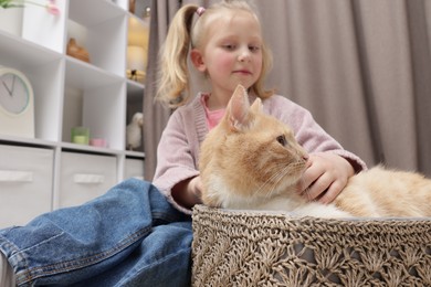 Photo of Little girl with her cute ginger cat at home, selective focus