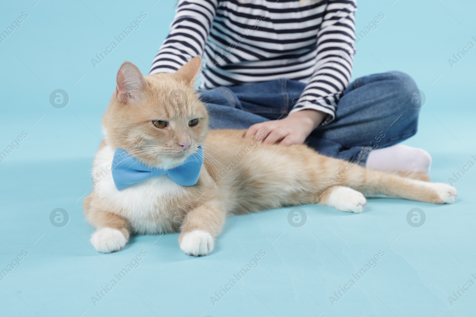 Little girl with her cute ginger cat on light blue background, closeup Photo of Little girl with her cute ginger cat on light blue background, closeup
