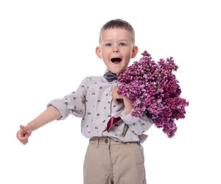 Photo of Little boy with bouquet of lilac flowers showing thumbs up on white background
