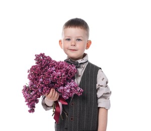 Photo of Little boy with bouquet of lilac flowers on white background