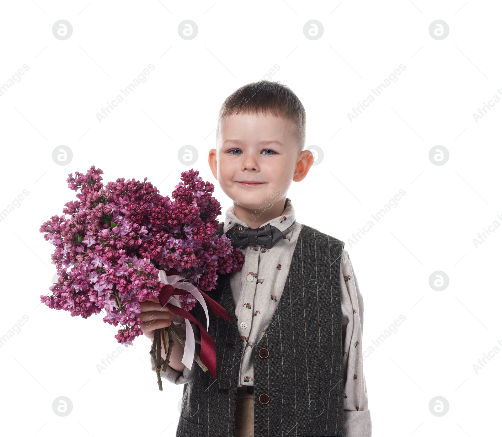 Little boy with bouquet of lilac flowers on white background Photo of Little boy with bouquet of lilac flowers on white background