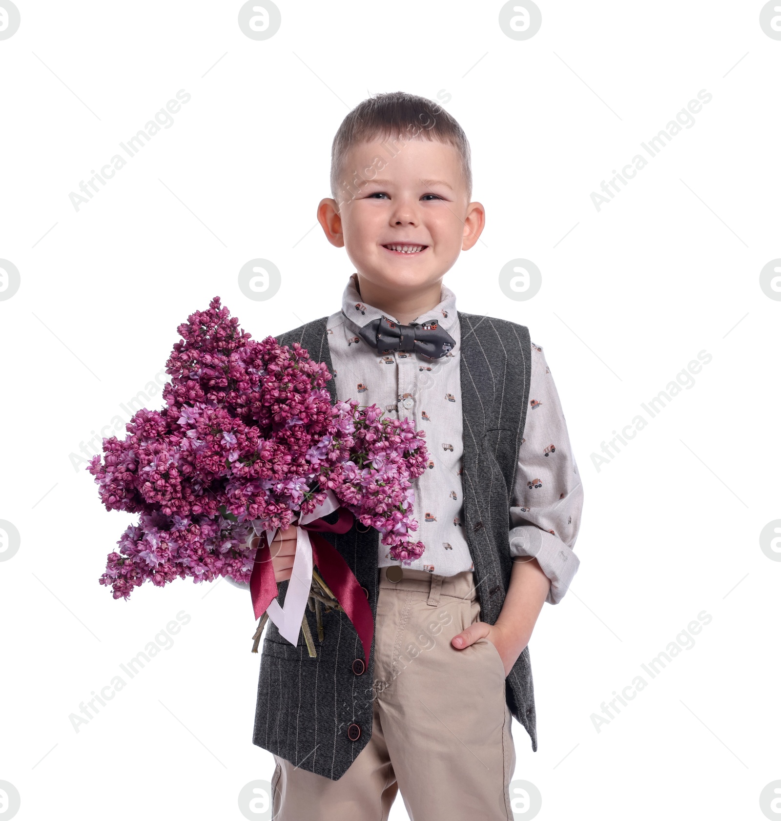 Little boy with bouquet of lilac flowers on white background Photo of Little boy with bouquet of lilac flowers on white background