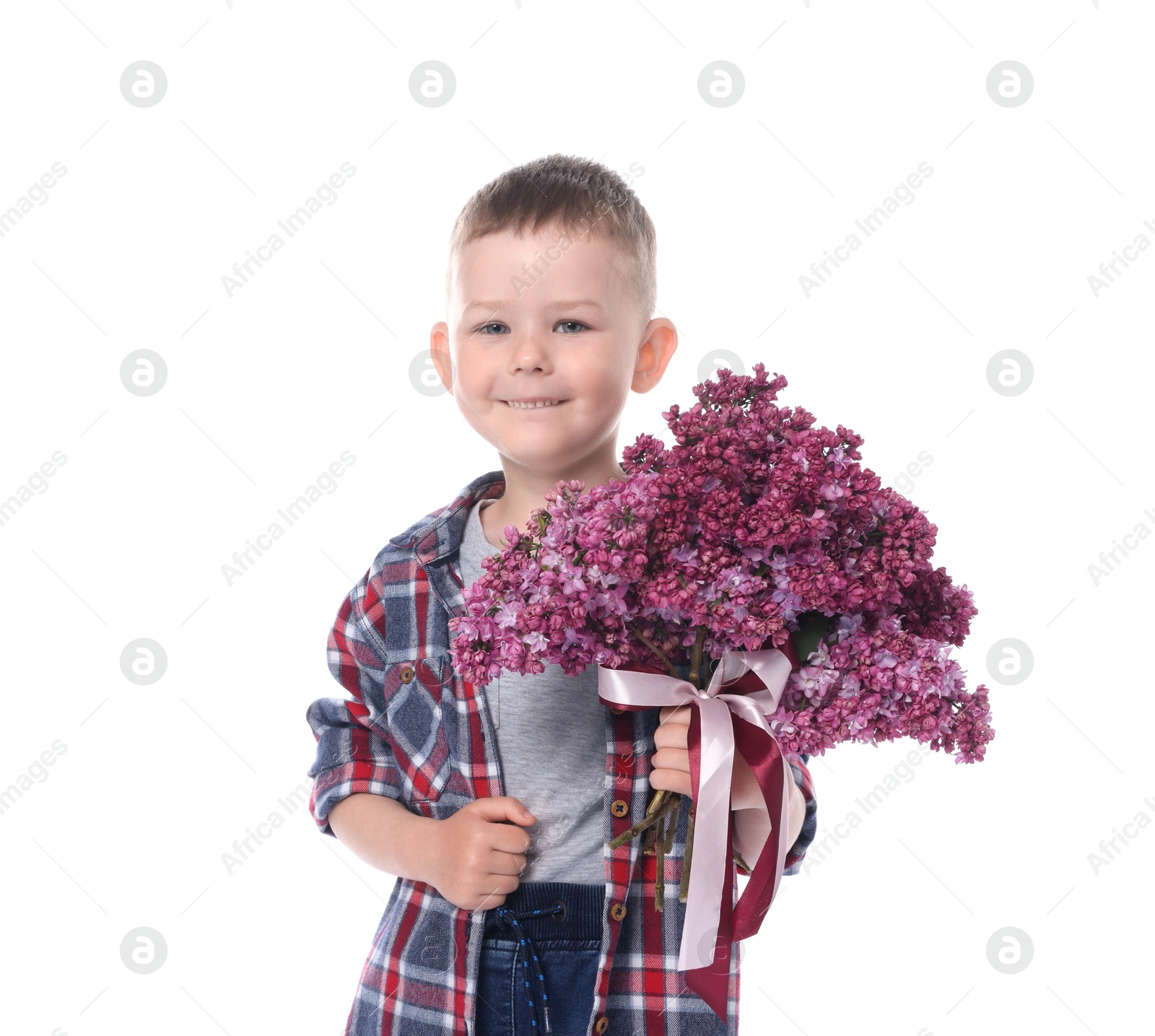 Little boy with bouquet of lilac flowers on white background Photo of Little boy with bouquet of lilac flowers on white background