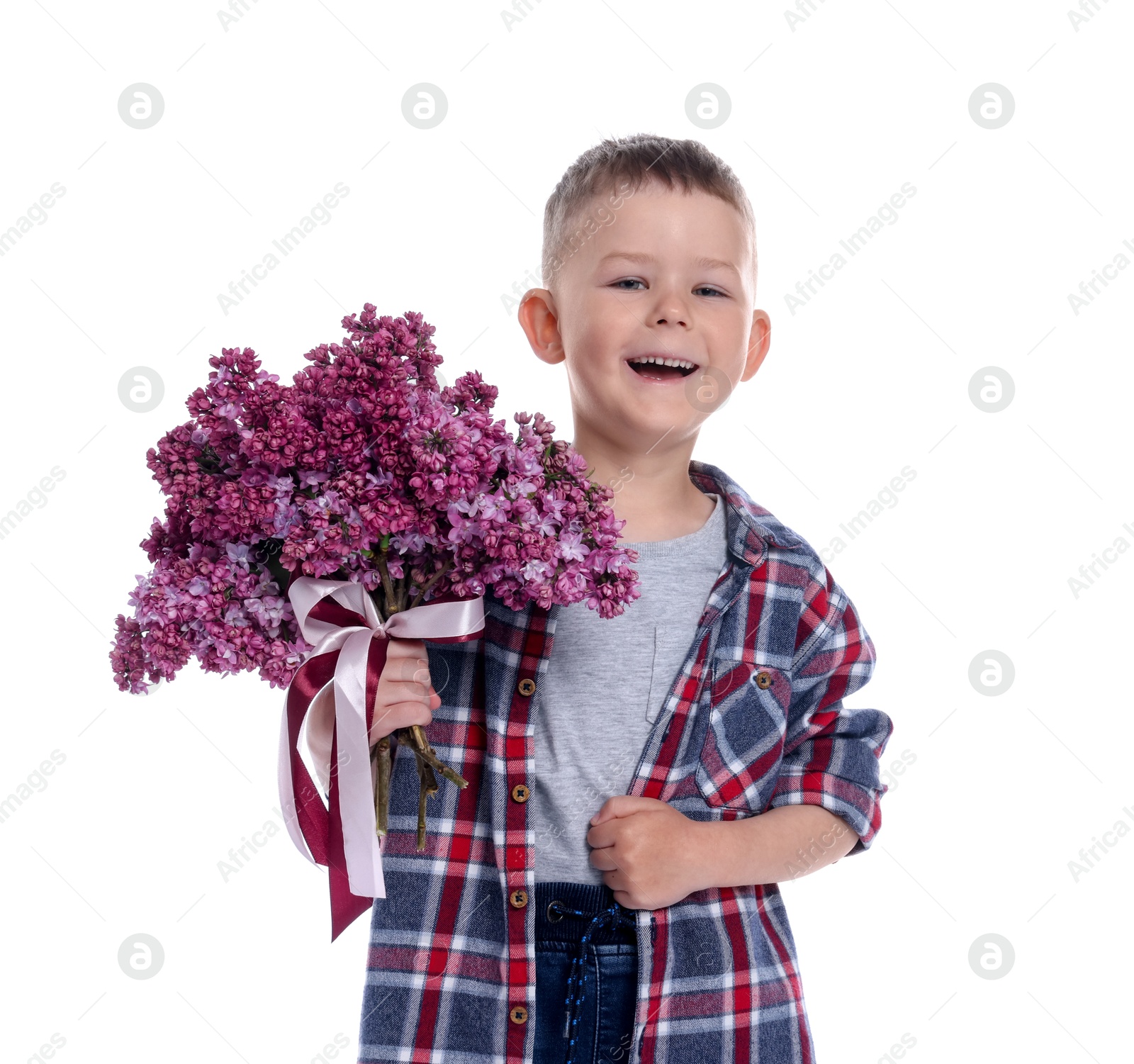 Little boy with bouquet of lilac flowers on white background Photo of Little boy with bouquet of lilac flowers on white background