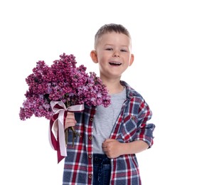 Photo of Little boy with bouquet of lilac flowers on white background
