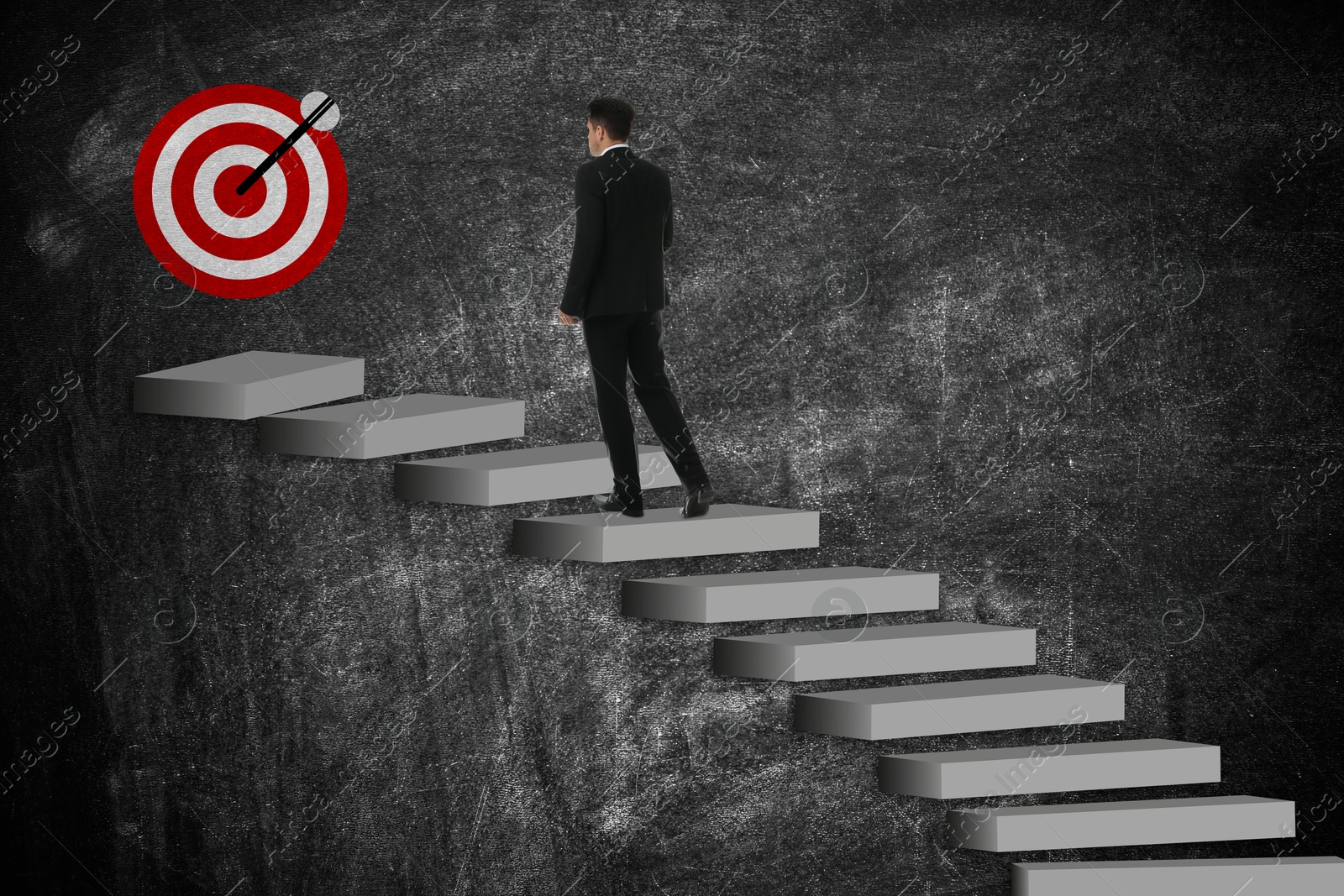 Targeting, goal achievement. Businessman walking up stairs leading to bullseye with arrow Image of Targeting, goal achievement. Businessman walking up stairs leading to bullseye with arrow