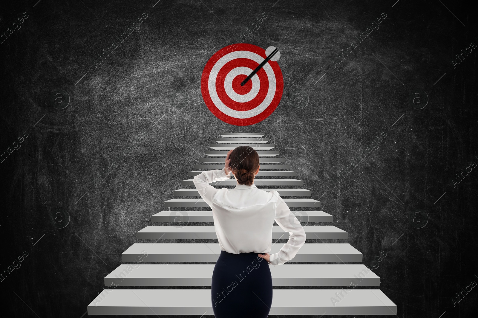 Targeting, goal achievement. Business woman walking up stairs leading to bullseye with arrow Image of Targeting, goal achievement. Business woman walking up stairs leading to bullseye with arrow