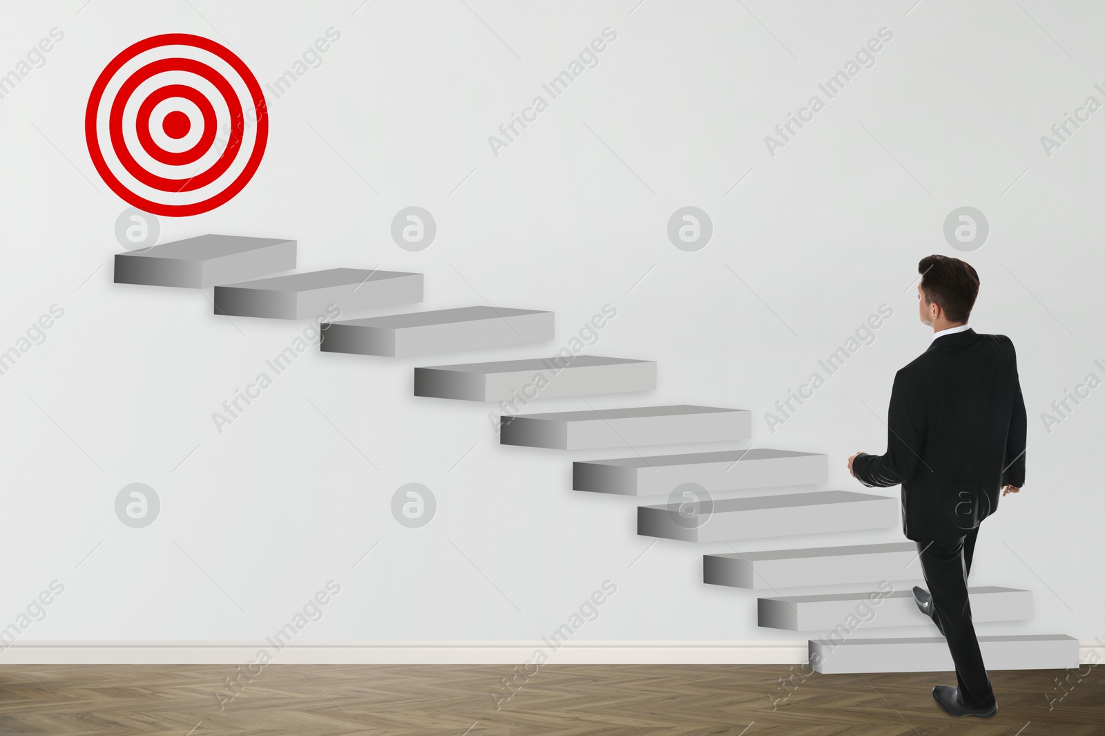 Targeting, goal achievement. Businessman walking up stairs leading to bullseye with arrow Image of Targeting, goal achievement. Businessman walking up stairs leading to bullseye with arrow
