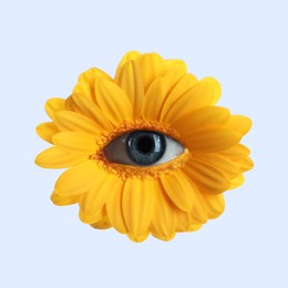 Image of Bright flower with eye inside on white background. Creative collage