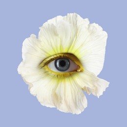 Image of Bright flower with eye inside on color background. Creative collage