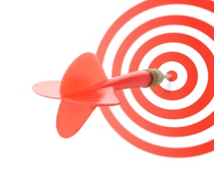 Image of Targeting. One dart in center of bullseye on white background