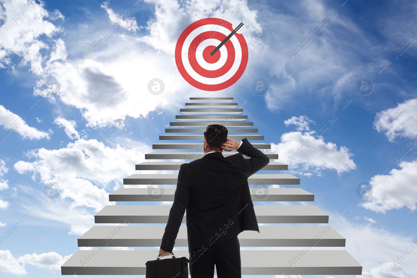 Targeting, goal achievement. Businessman walking up stairs leading to bullseye with arrow in sky Image of Targeting, goal achievement. Businessman walking up stairs leading to bullseye with arrow in sky