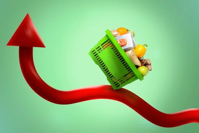 Image of Shopping basket with different groceries balancing on upward red arrow against green gradient background. Rising cost for food basket. Consumer Price Index