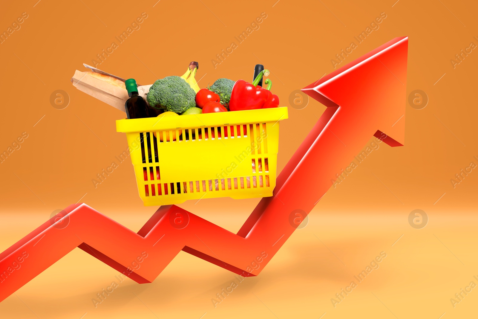Shopping basket with different groceries on upward arrow against orange background. Rising cost for food basket. Consumer Price Index Image of Shopping basket with different groceries on upward arrow against orange background. Rising cost for food basket. Consumer Price Index