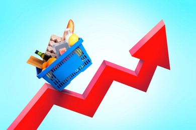 Image of Shopping basket with different groceries balancing on upward red arrow against light blue gradient background. Rising cost for food basket. Consumer Price Index