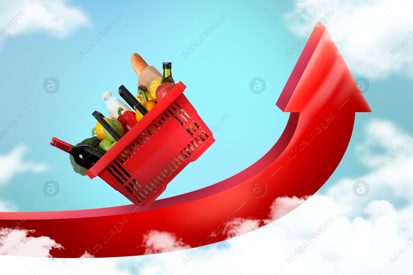 Shopping basket with different groceries balancing on upward red arrow in sky among clouds. Rising cost for food basket. Consumer Price Index Image of Shopping basket with different groceries balancing on upward red arrow in sky among clouds. Rising cost for food basket. Consumer Price Index