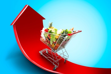 Image of Shopping cart with different groceries moving on upward red arrow against light blue gradient background. Rising cost for food basket. Consumer Price Index