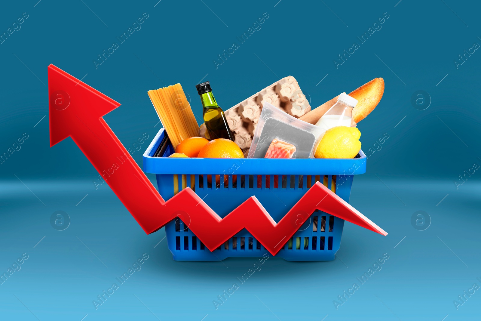 Shopping basket with different groceries and upward red arrow against blue background. Rising cost for food basket. Consumer Price Index Image of Shopping basket with different groceries and upward red arrow against blue background. Rising cost for food basket. Consumer Price Index