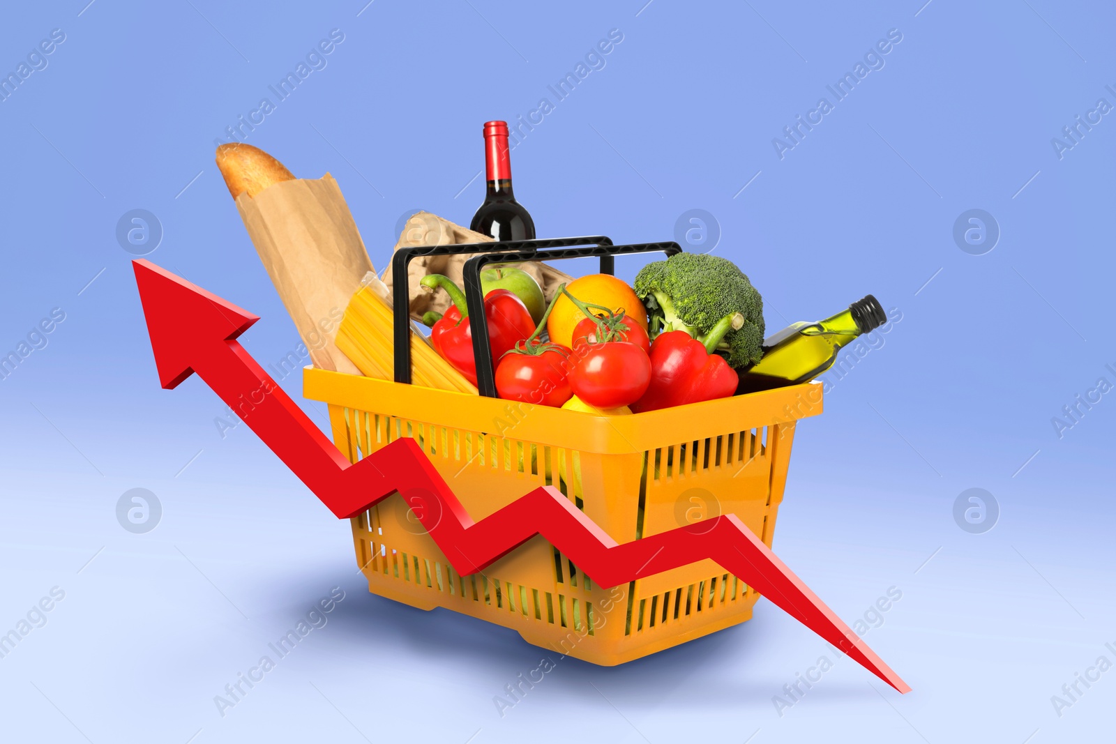Shopping basket with different groceries and upward red arrow against lavender color background. Rising cost for food basket. Consumer Price Index Image of Shopping basket with different groceries and upward red arrow against lavender color background. Rising cost for food basket. Consumer Price Index