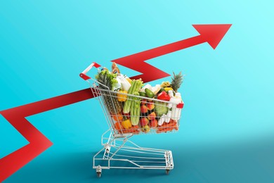 Image of Shopping cart with different groceries and upward red arrow against blue gradient background. Rising cost for food basket. Consumer Price Index