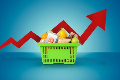 Image of Shopping basket with different groceries and upward red arrow against blue gradient background. Rising cost for food basket. Consumer Price Index