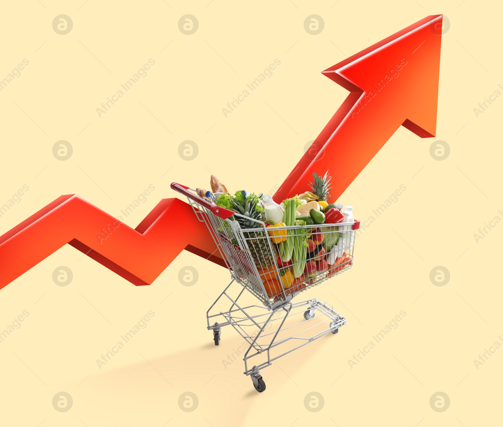 Shopping cart with different groceries and upward red arrow against beige background. Rising cost for food basket. Consumer Price Index Image of Shopping cart with different groceries and upward red arrow against beige background. Rising cost for food basket. Consumer Price Index