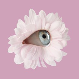 Image of Bright flower with eye inside on dusty pink background. Creative collage