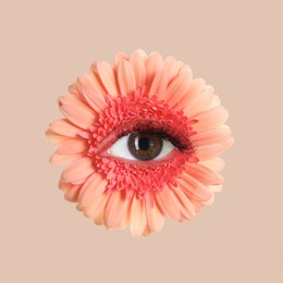 Image of Bright flower with eye inside on dark beige background. Creative collage