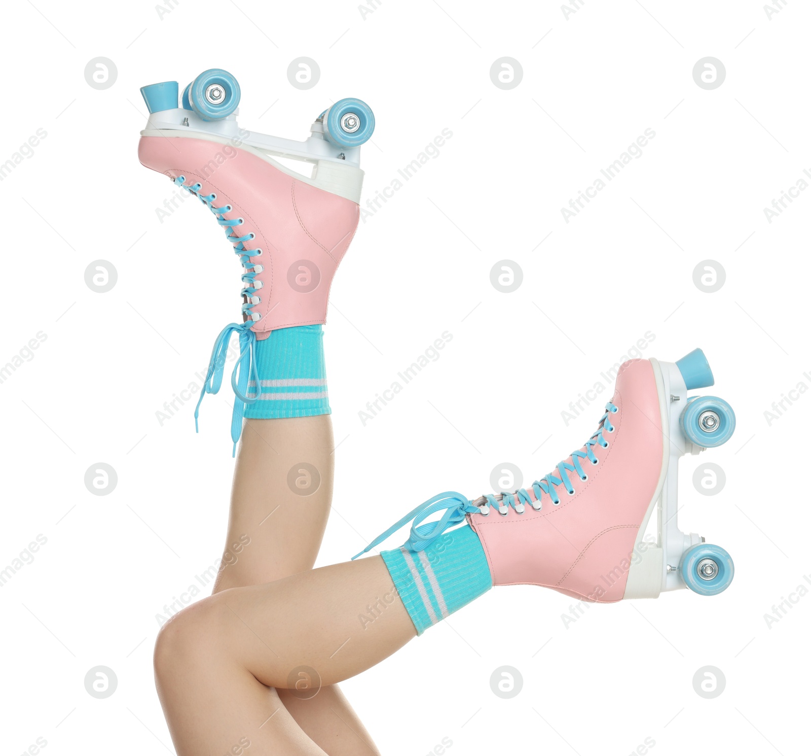 Woman in roller skates on white background, closeup Photo of Woman in roller skates on white background, closeup