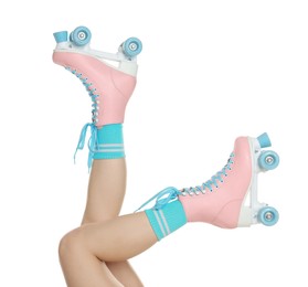 Photo of Woman in roller skates on white background, closeup