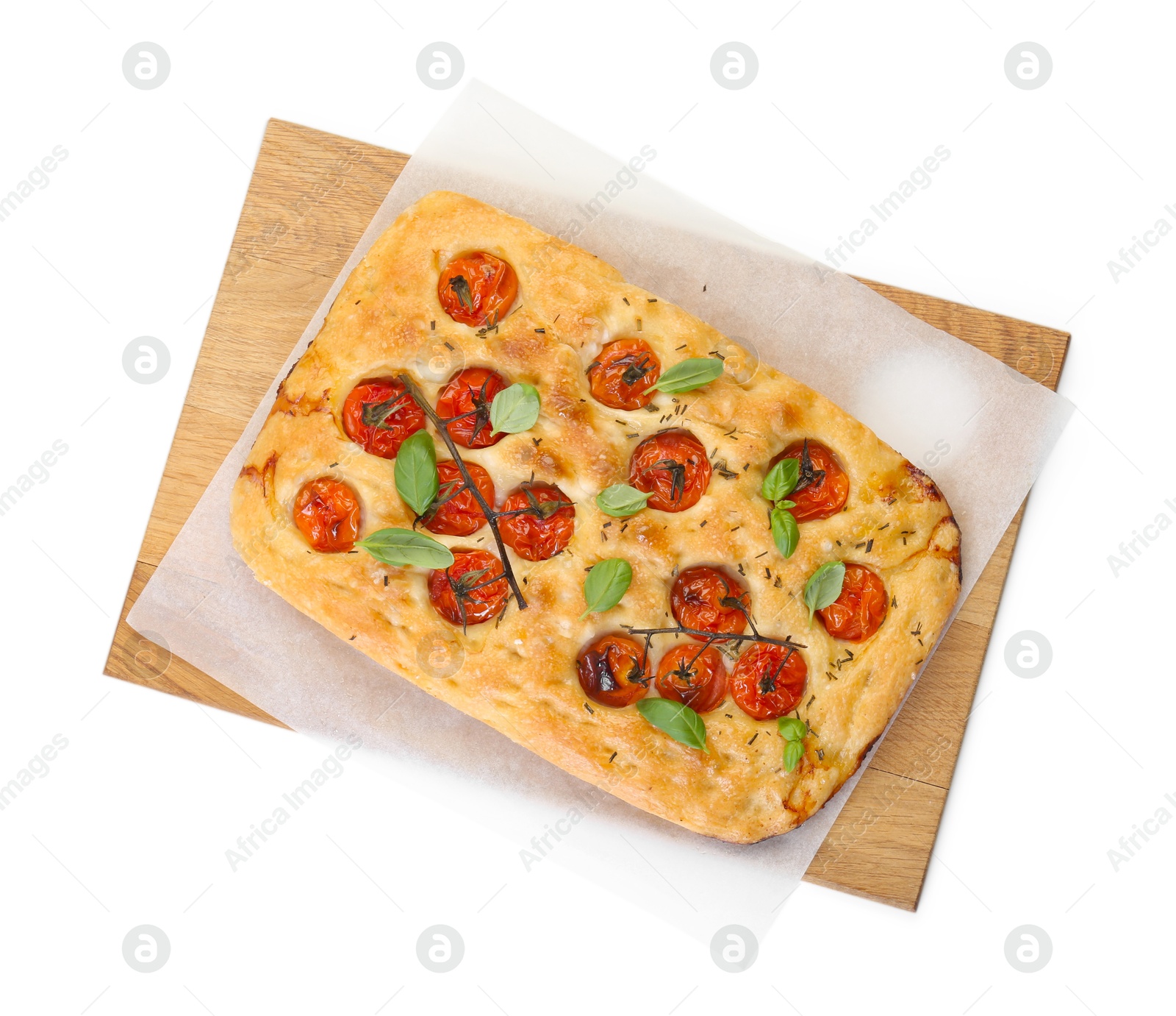 Delicious focaccia with tomatoes and spices isolated on white, top view Photo of Delicious focaccia with tomatoes and spices isolated on white, top view