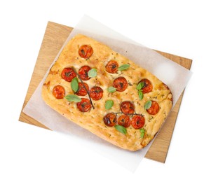 Photo of Delicious focaccia with tomatoes and spices isolated on white, top view