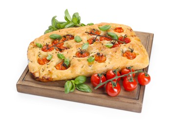 Photo of Delicious focaccia with tomatoes and spices isolated on white