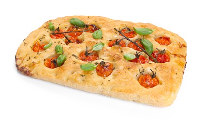 Photo of Delicious focaccia with tomatoes and spices isolated on white
