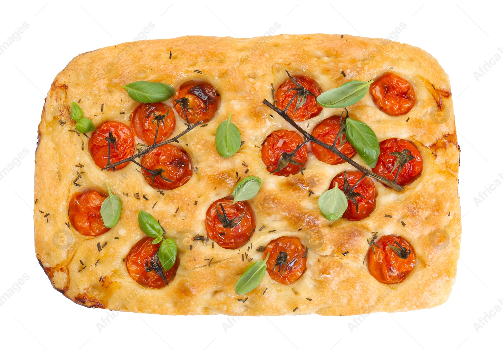 Delicious focaccia with tomatoes and spices isolated on white, top view Photo of Delicious focaccia with tomatoes and spices isolated on white, top view