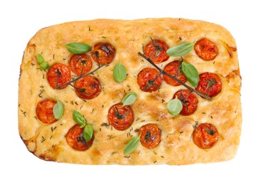 Photo of Delicious focaccia with tomatoes and spices isolated on white, top view