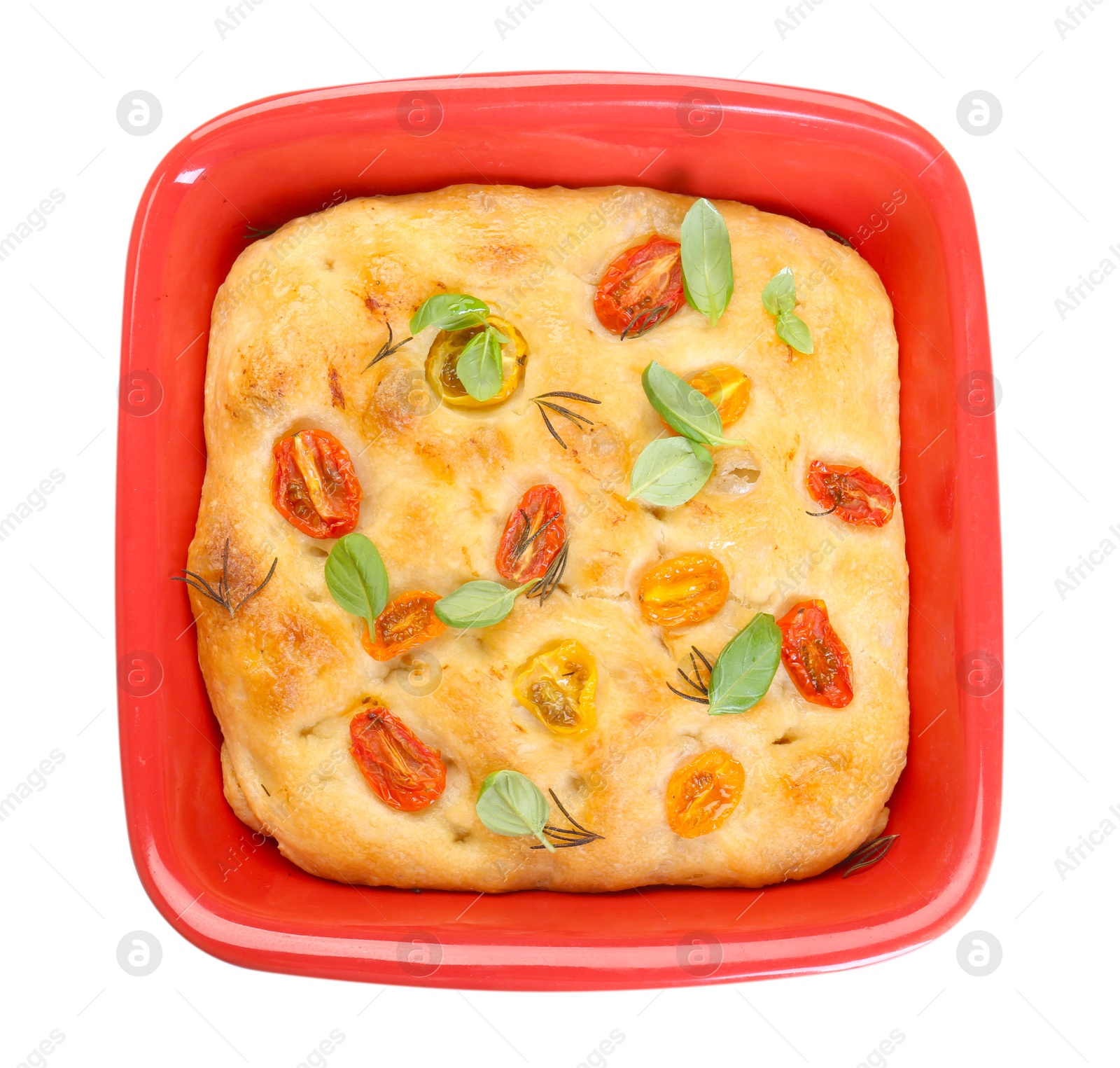 Delicious focaccia with tomatoes and spices in baking dish isolated on white, top view Photo of Delicious focaccia with tomatoes and spices in baking dish isolated on white, top view