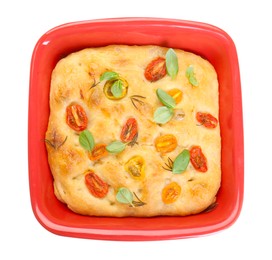 Photo of Delicious focaccia with tomatoes and spices in baking dish isolated on white, top view