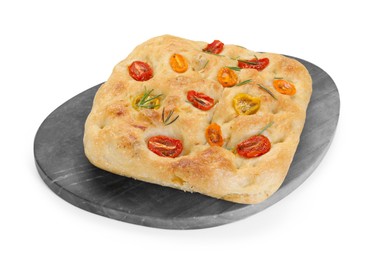 Photo of Delicious focaccia with tomatoes and rosemary isolated on white