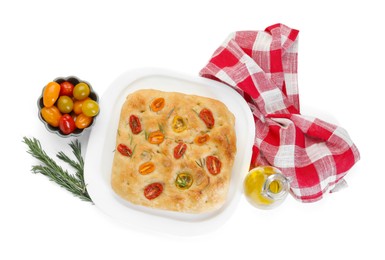 Photo of Delicious focaccia with tomatoes, rosemary and oil isolated on white, top view