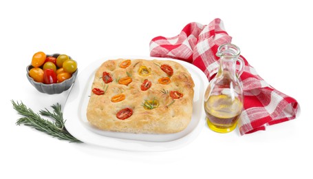 Photo of Delicious focaccia with tomatoes, rosemary and oil isolated on white