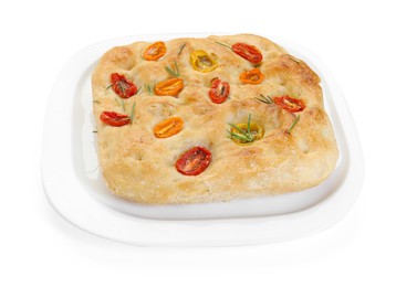 Photo of Delicious focaccia with tomatoes and rosemary isolated on white