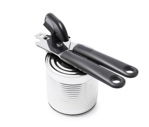 Photo of Can opener and tin isolated on white
