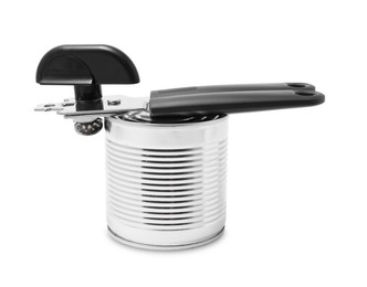 Photo of Can opener and tin isolated on white