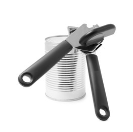 Photo of Can opener and tin isolated on white