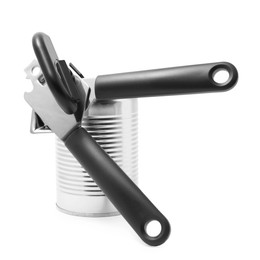 Photo of Can opener and tin isolated on white