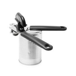 Photo of Can opener and tin isolated on white