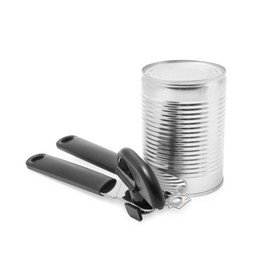 Photo of Can opener and tin isolated on white